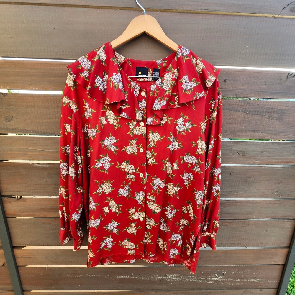 Lizsport‎ Vintage 80s Red Floral Ruffle Collar Blouse Top Medium Cottagecore